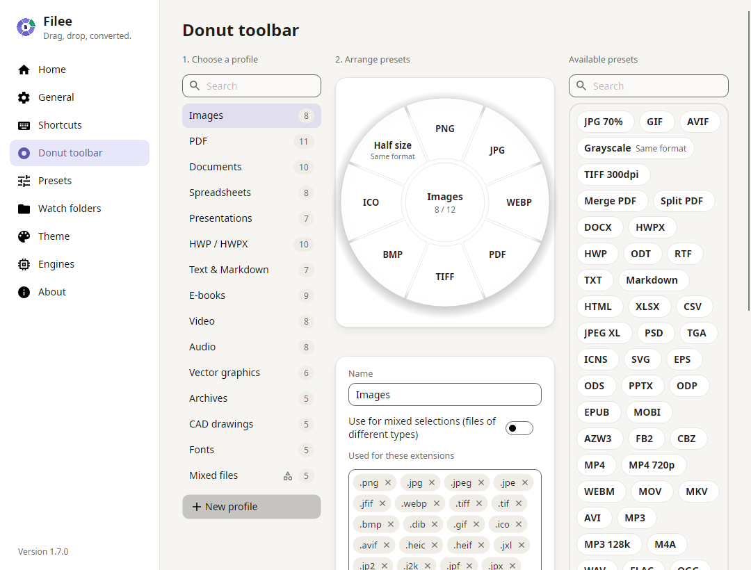 Donut toolbar editor with profiles and presets