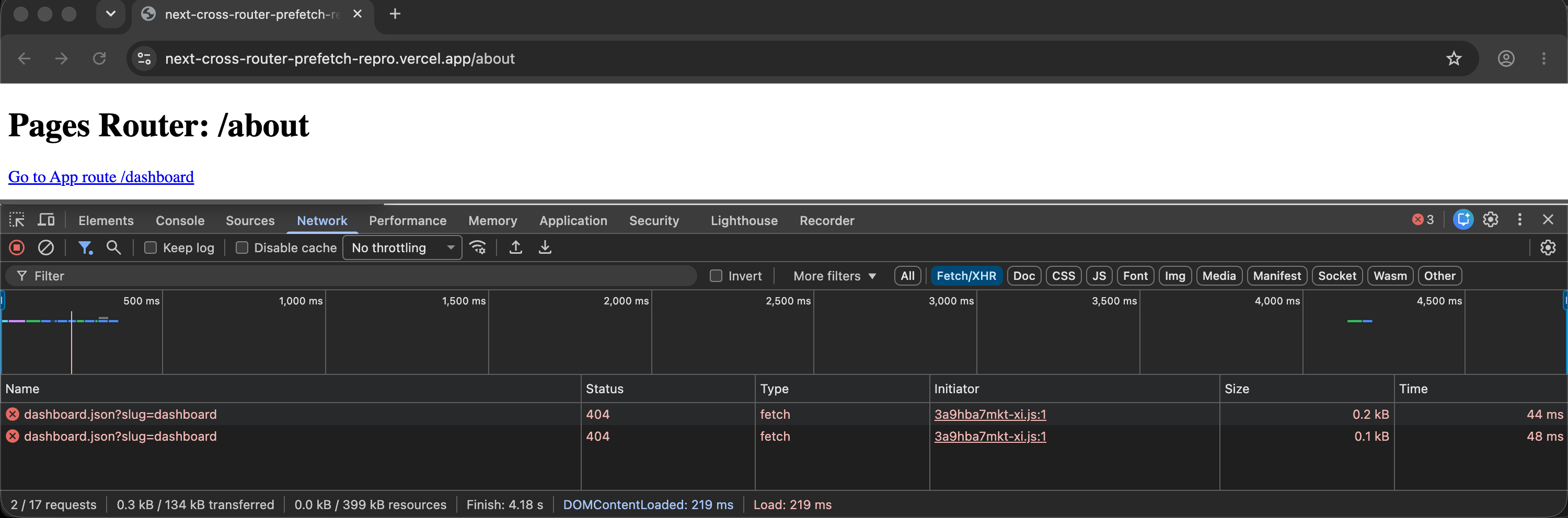 Network tab on /about: two 404s for dashboard.json
