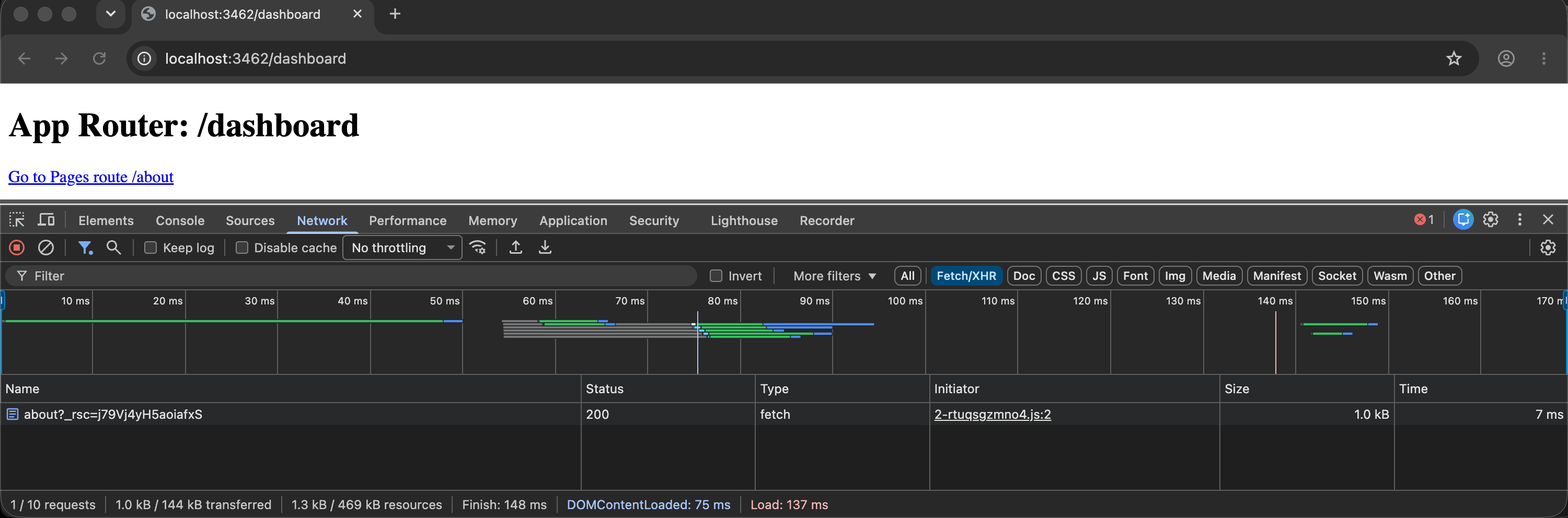 Network tab on /dashboard: RSC prefetch of /about