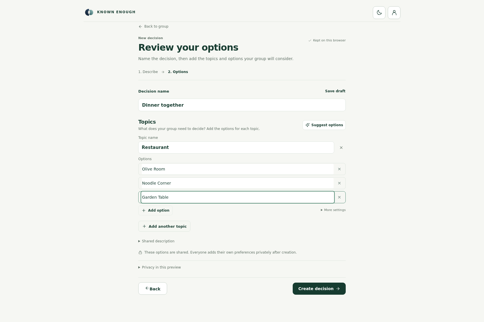 The current options editor lets an organizer name a decision, add topics, and review restaurant alternatives.
