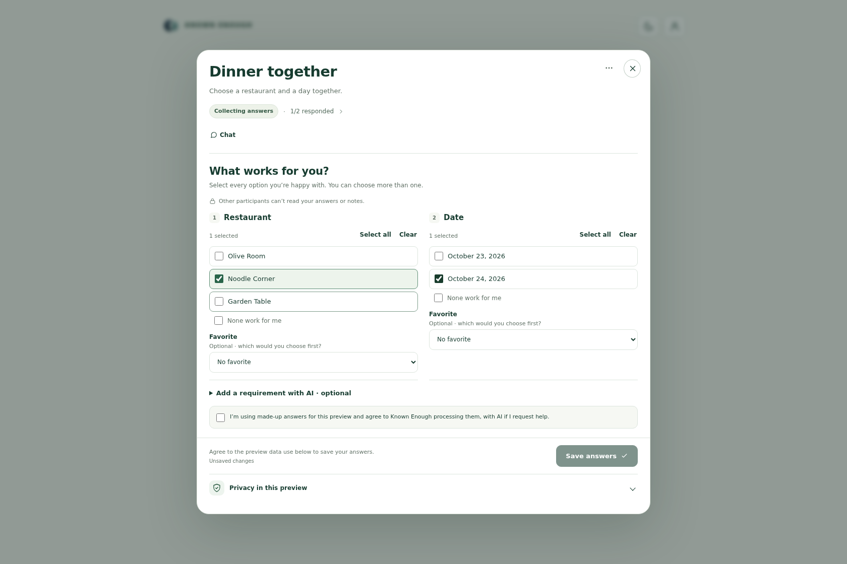 A participant privately selects acceptable restaurants and a date in the What works for you form.