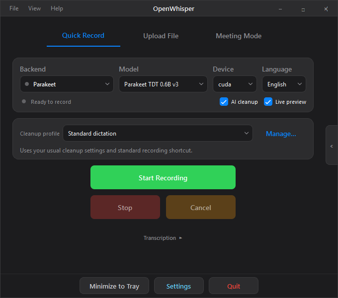 Screenshot of OpenWhisper