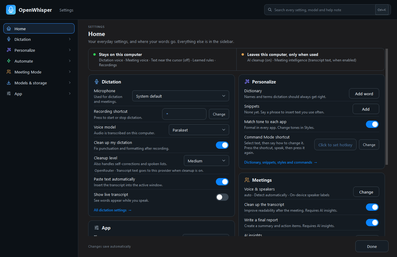 Settings Home: where your words go, everyday controls, and the six sidebar sections