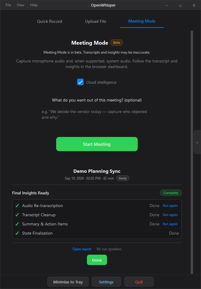 Meeting Mode after a call: finalization steps complete and the report ready