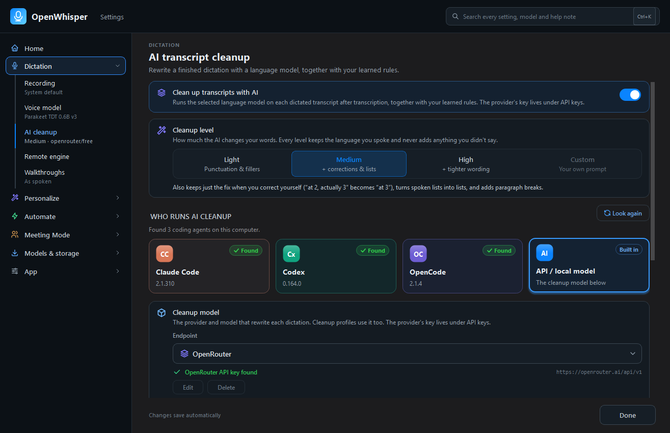 Settings → Dictation → AI cleanup: cleanup level, who runs cleanup, and the cleanup model