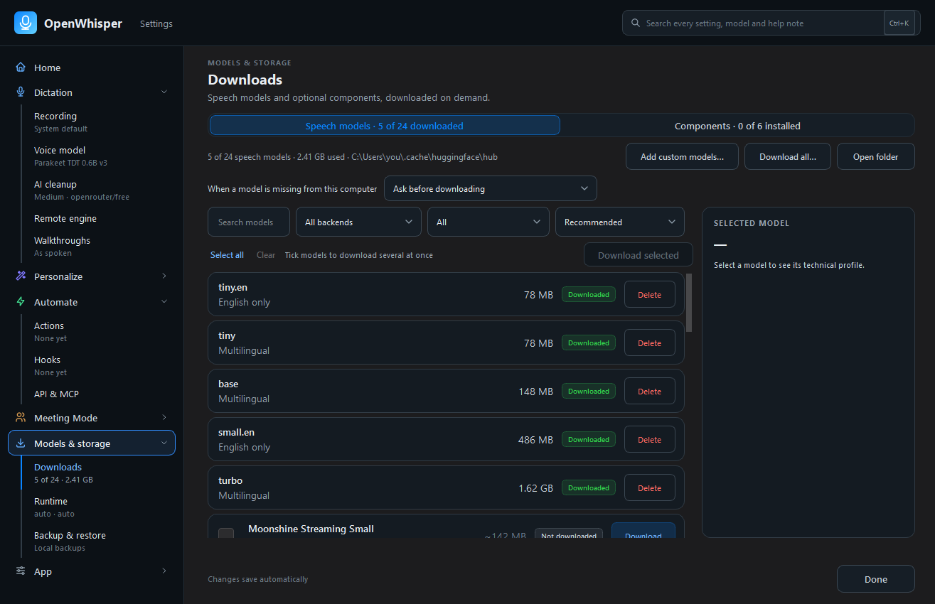 Settings → Models & storage → Downloads: speech model catalog