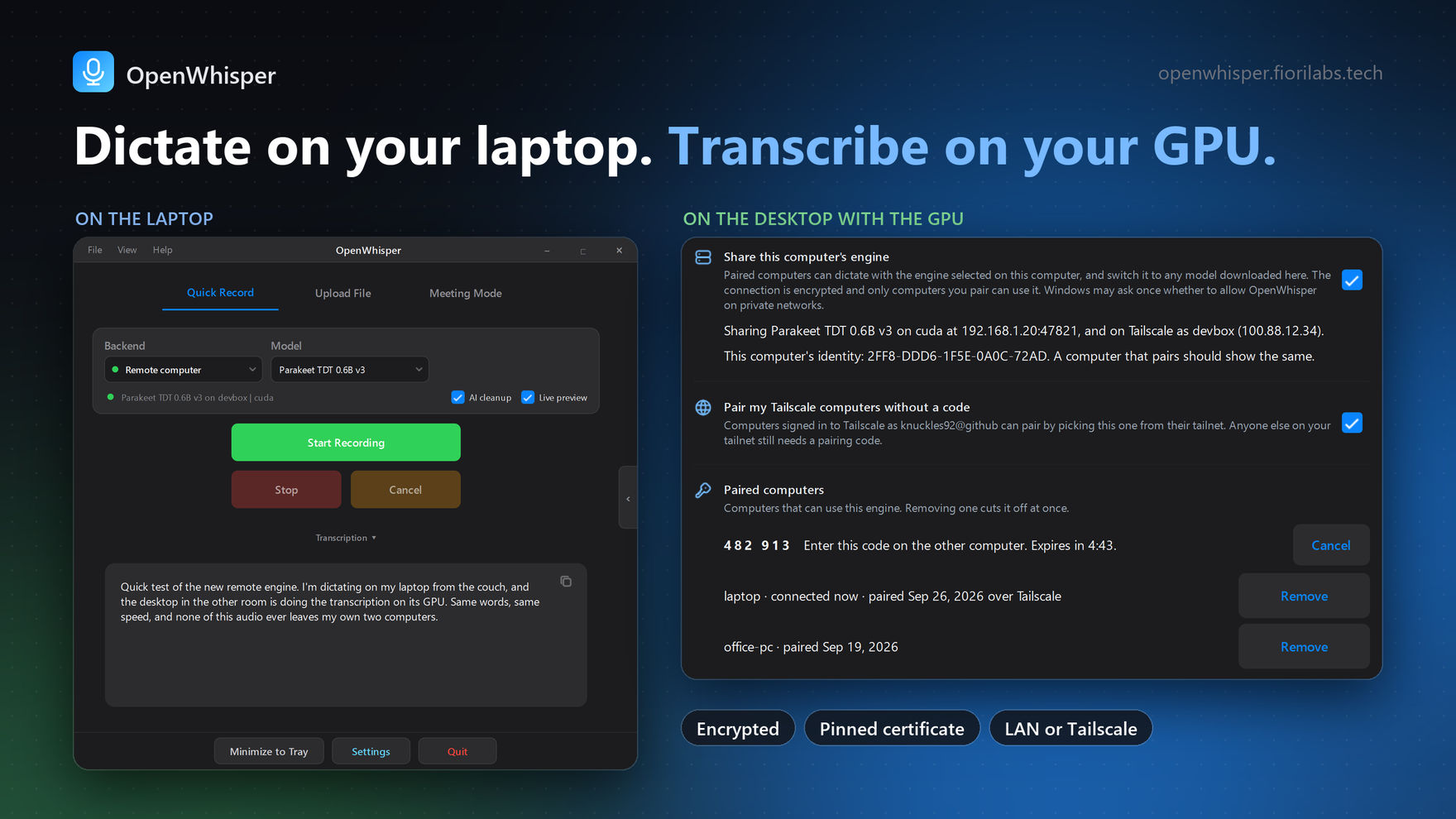 Remote engine: Quick Record on a laptop using a desktop's Parakeet engine, and the desktop's sharing settings with a pairing code and the connected laptop