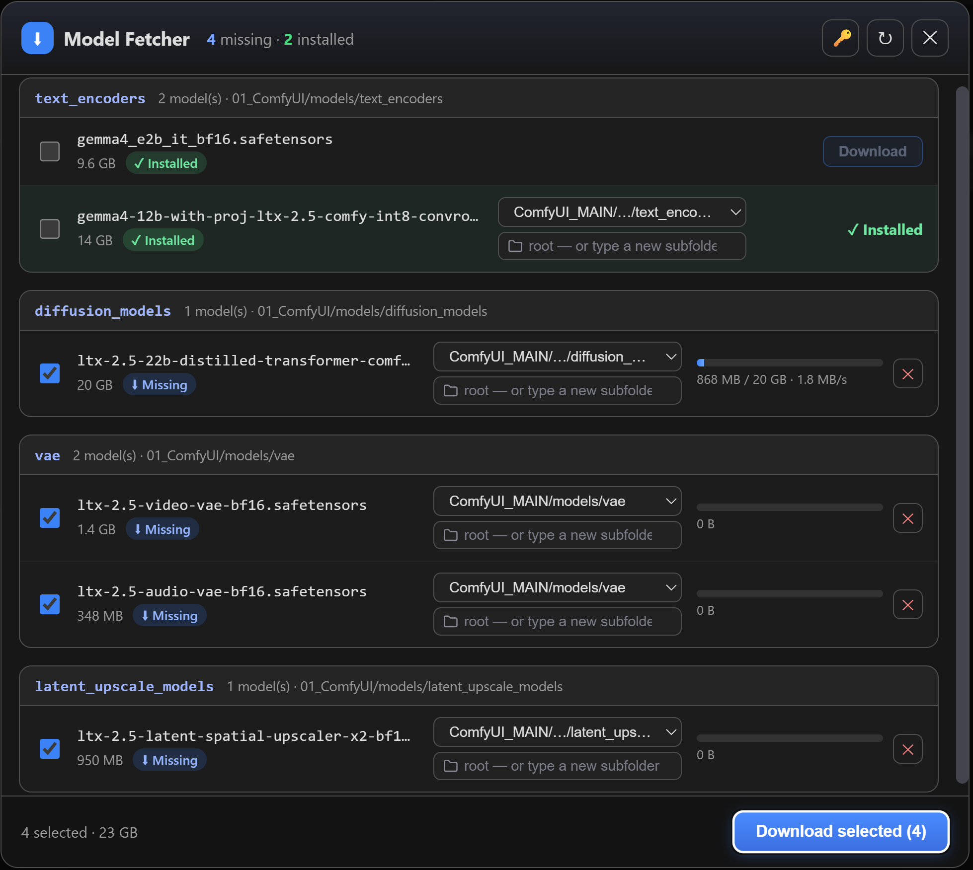 The Model Fetcher popup: models grouped by destination folder, status per row, live download
progress