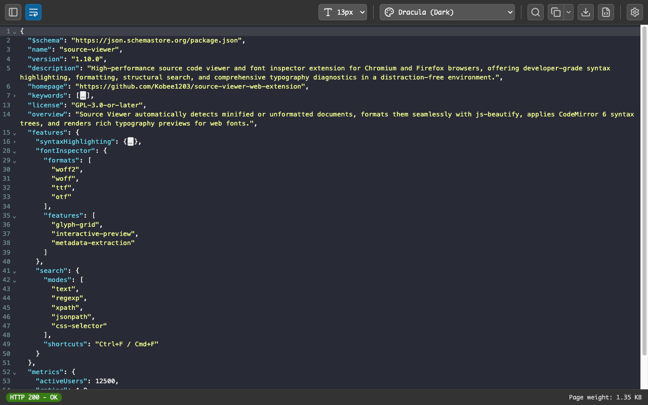 Source Code Viewer formatting a JSON document in dark mode with line numbers and code folding