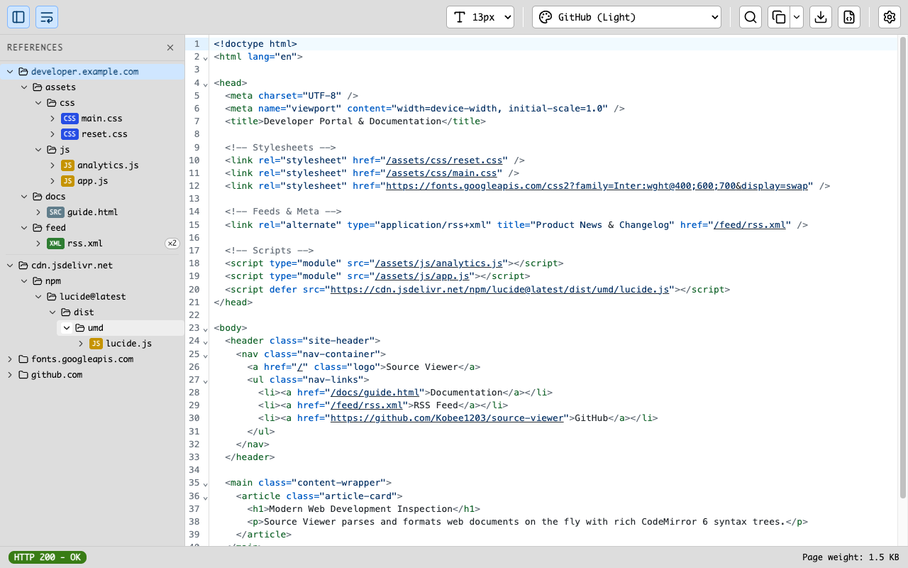 Source Code Viewer showing HTML source code with the interactive reference sidebar and virtual site tree