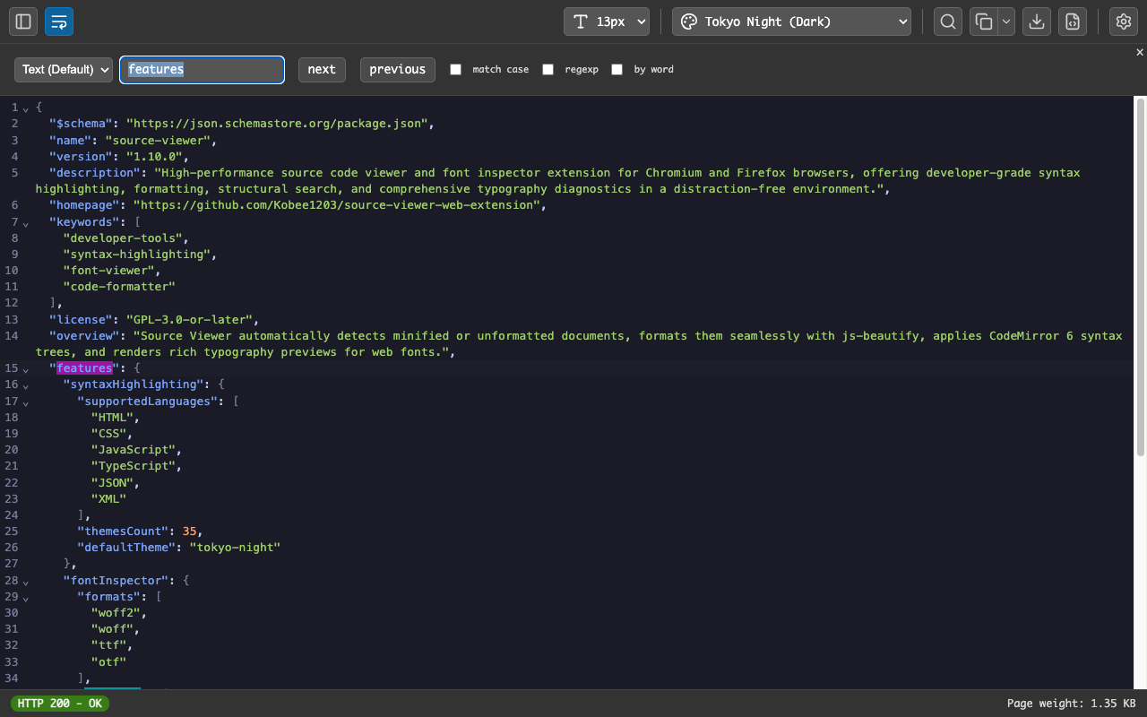 Source Code Viewer with structural search panel open supporting CSS Selectors, XPath, and regex