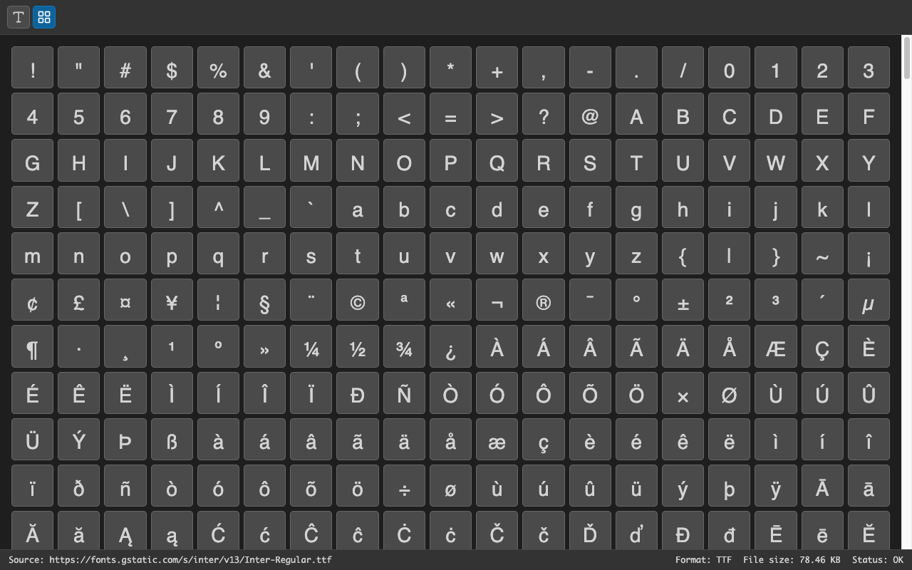 Built-in Font Viewer displaying the complete character glyph grid with one-click copy