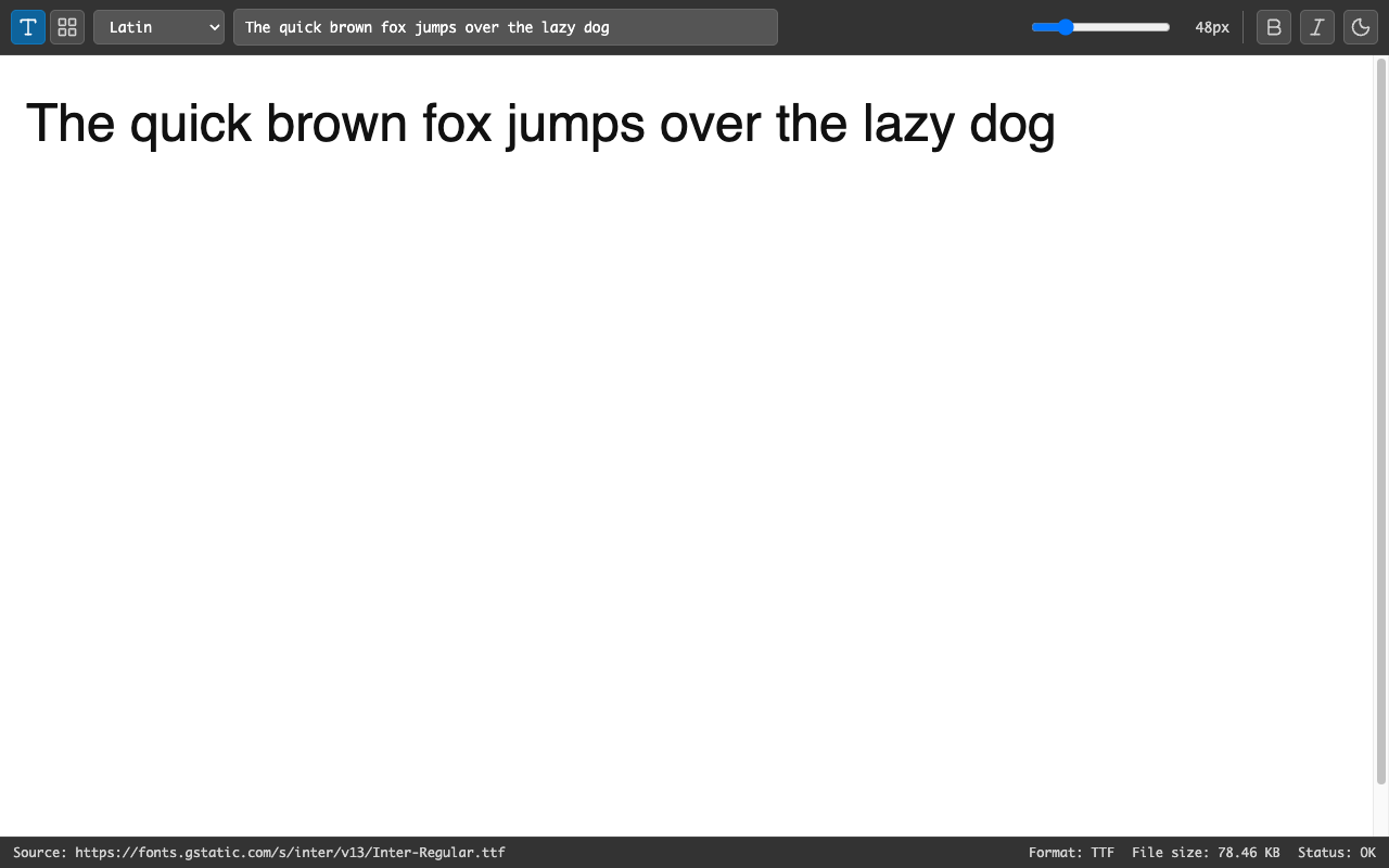 Built-in Font Viewer testing custom sample text with interactive size, weight, and style controls