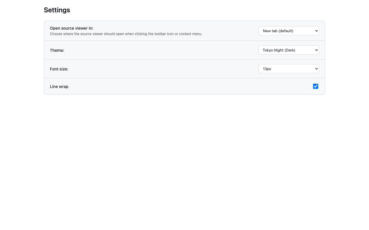Extension settings page configuring default themes, font size, word wrap, and opening behavior