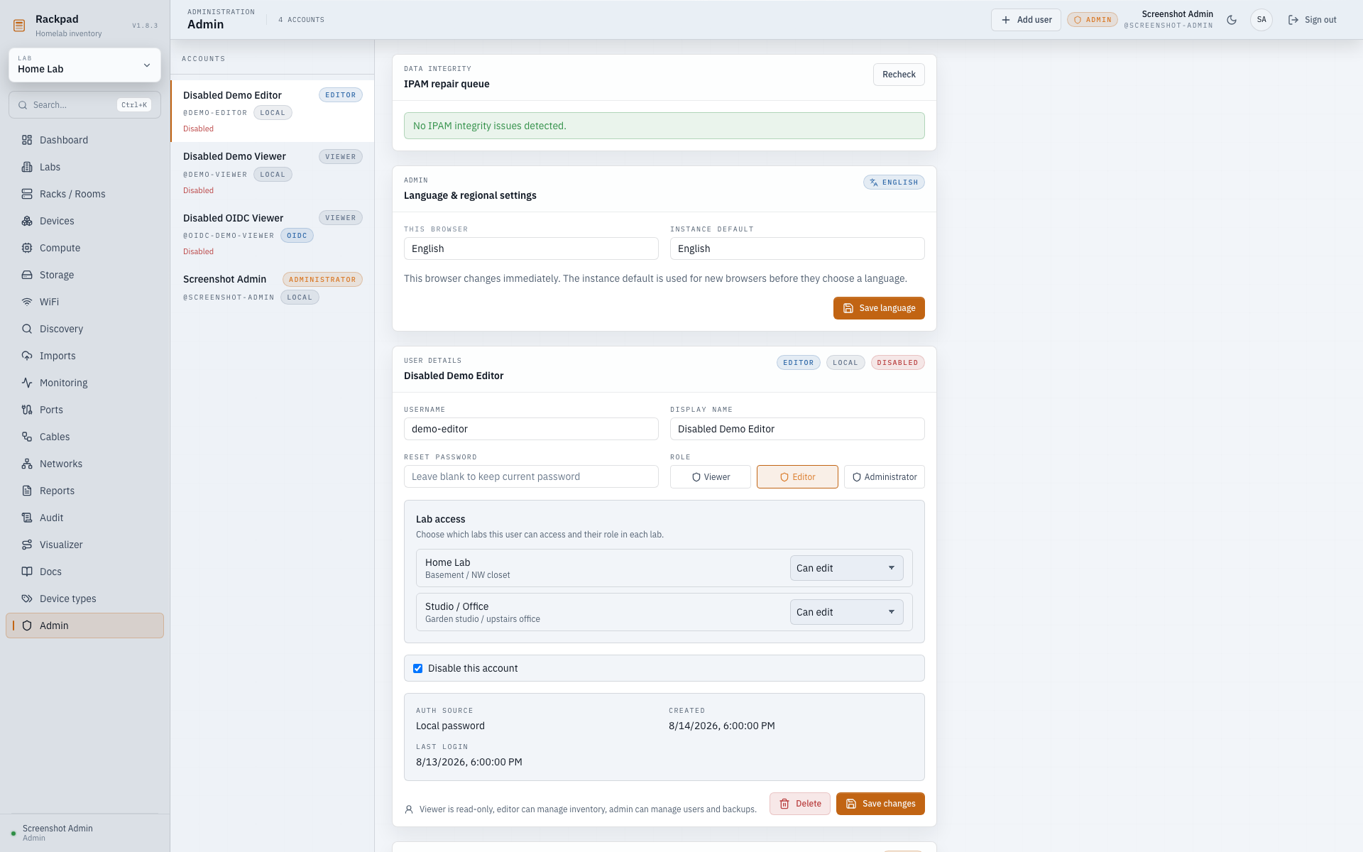 Rackpad Administration workspace for users, settings, integrity review, snapshots, and operational controls