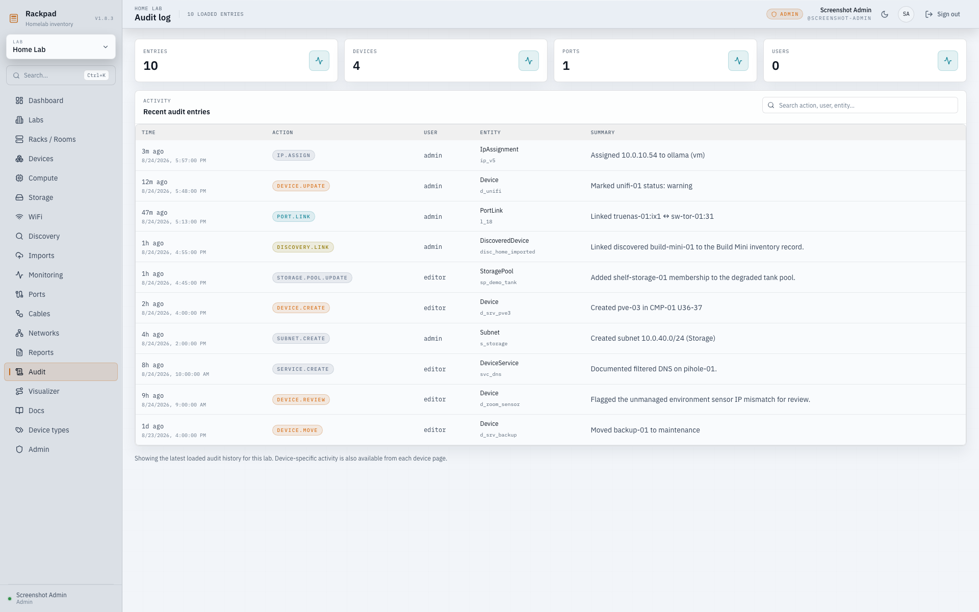 Rackpad Audit Log showing storage, device-type, integration, network-review, and inventory history