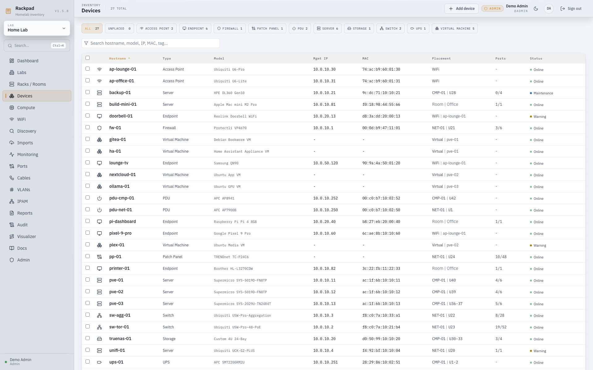 Rackpad device inventory