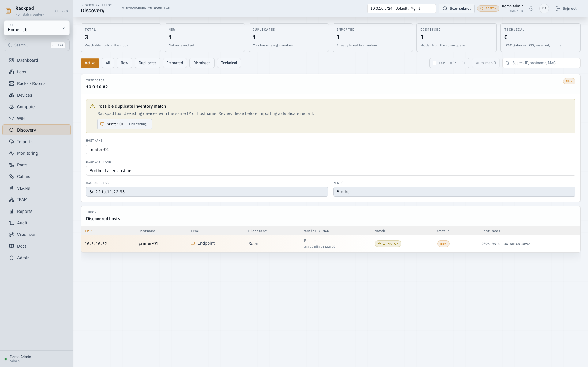 Rackpad discovery workspace