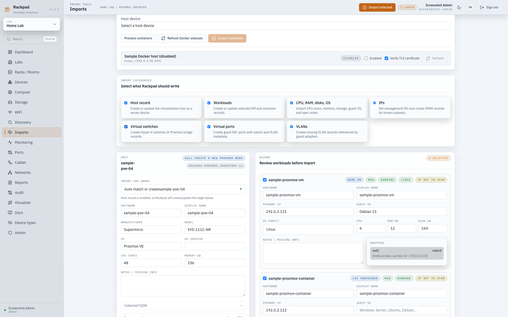 Rackpad Imports workspace staging a sample Proxmox host, bridges, virtual machines, containers, MACs, and IPs for review