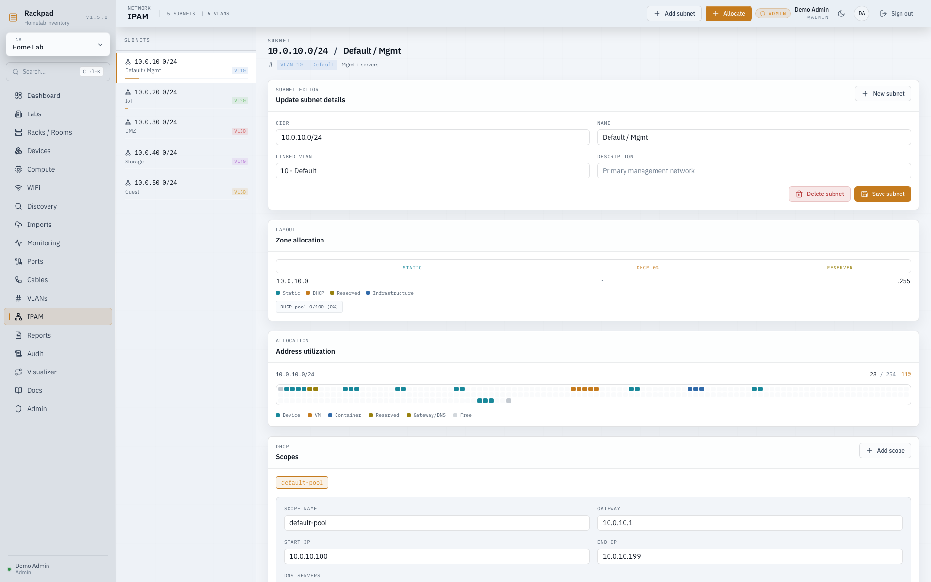 Rackpad IPAM workspace with zones, scopes, and address utilization