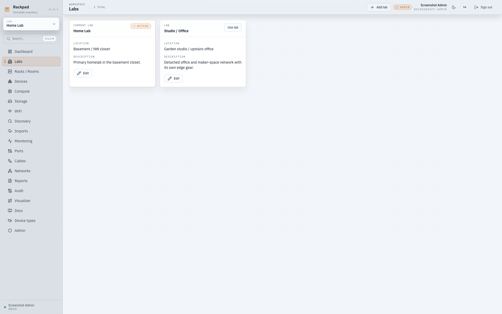 Rackpad Labs workspace showing the Home Lab and Studio inventory boundaries