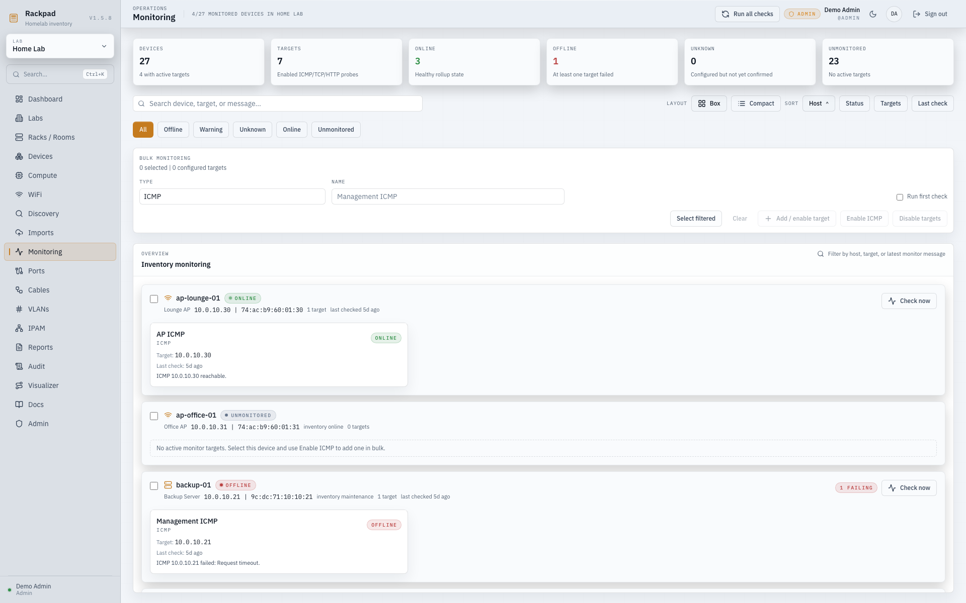 Rackpad monitoring workspace