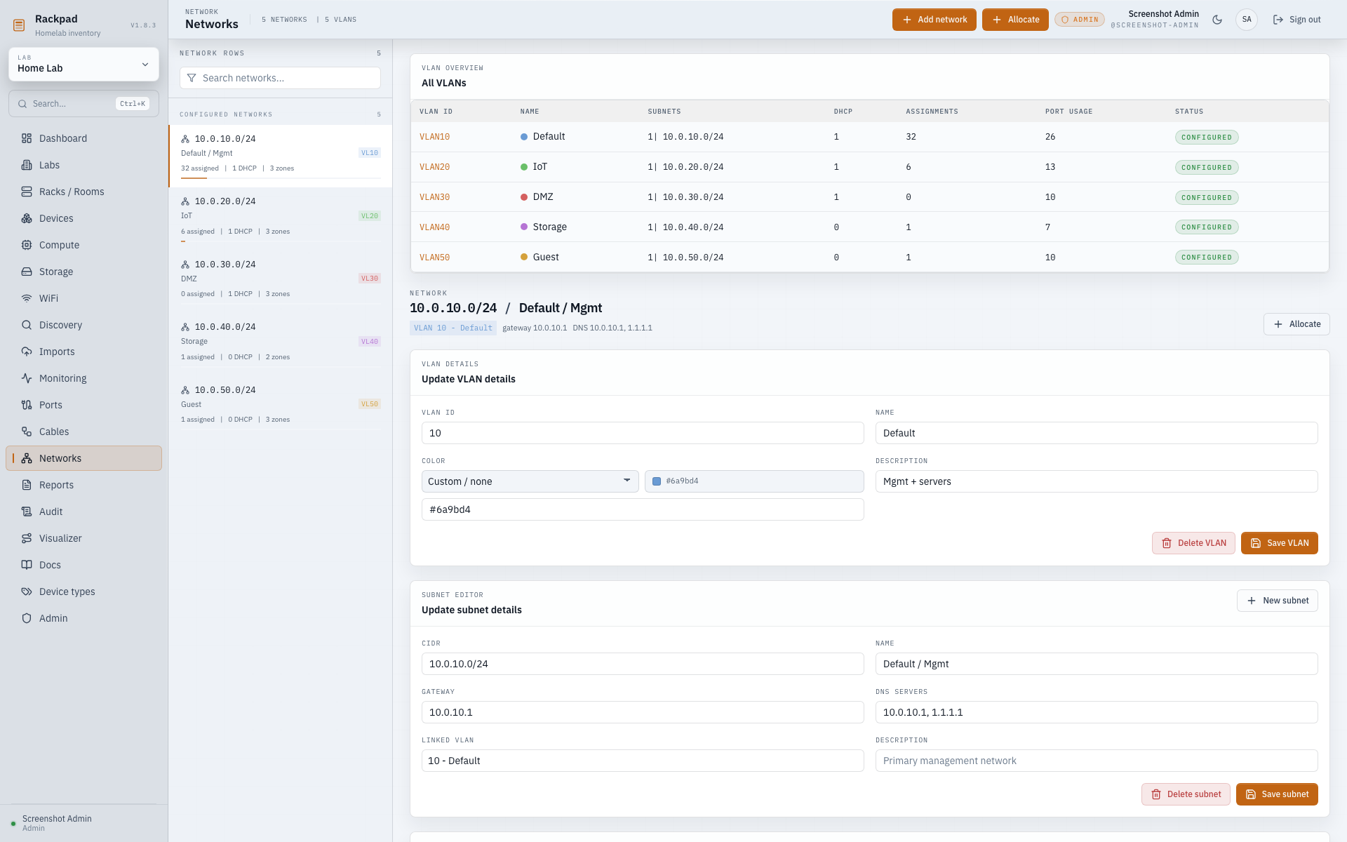 Rackpad Networks workspace consolidating VLAN, subnet, gateway, DNS, DHCP scope, zone, and assignment context