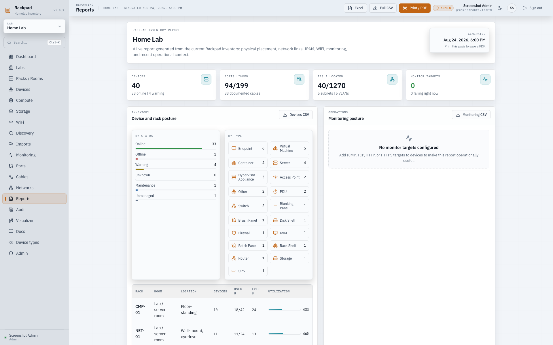 Rackpad Reports workspace with printable, spreadsheet-compatible, and CSV inventory exports