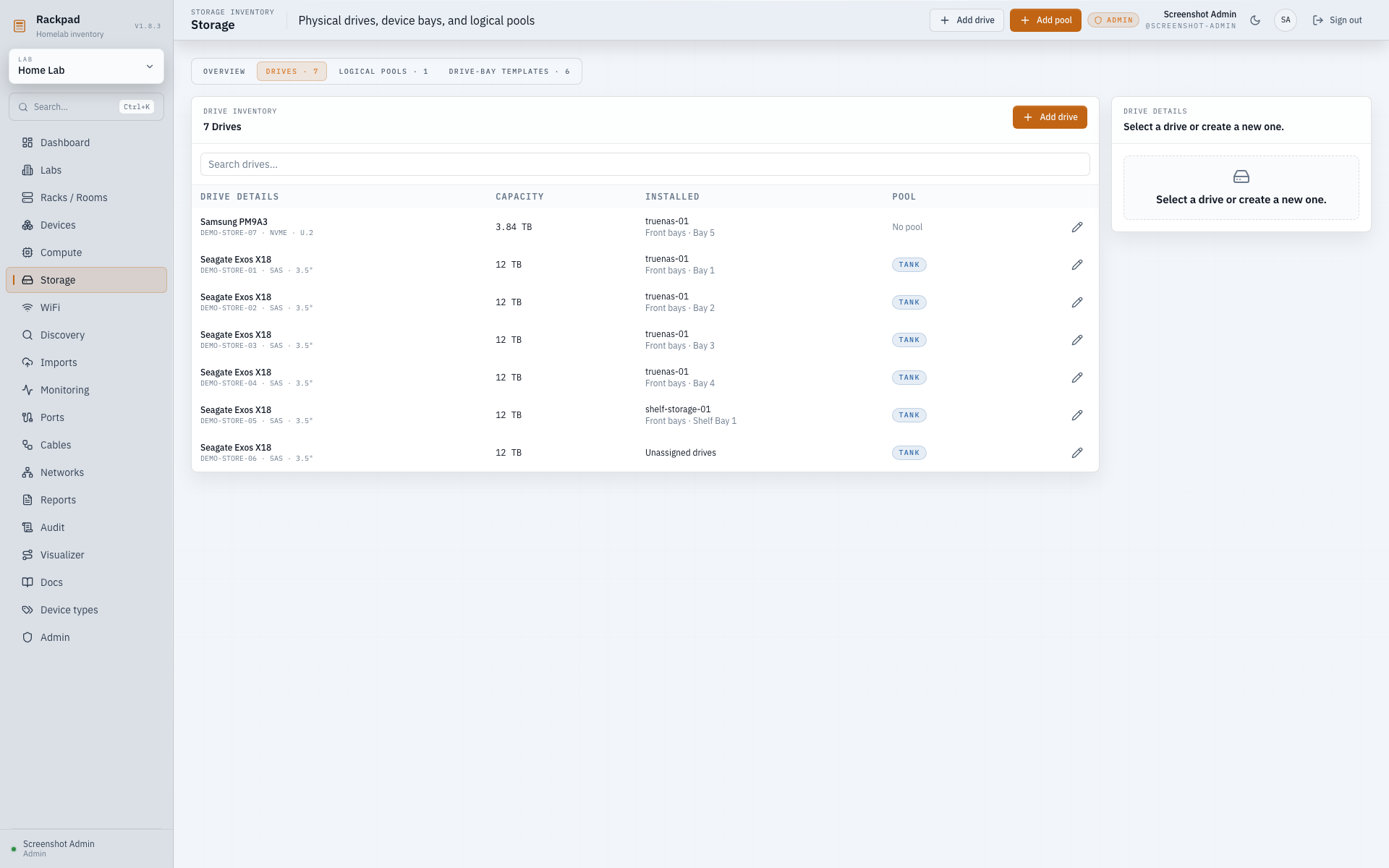 Rackpad light Storage drive inventory showing installed, unassigned, and pulled media across devices
