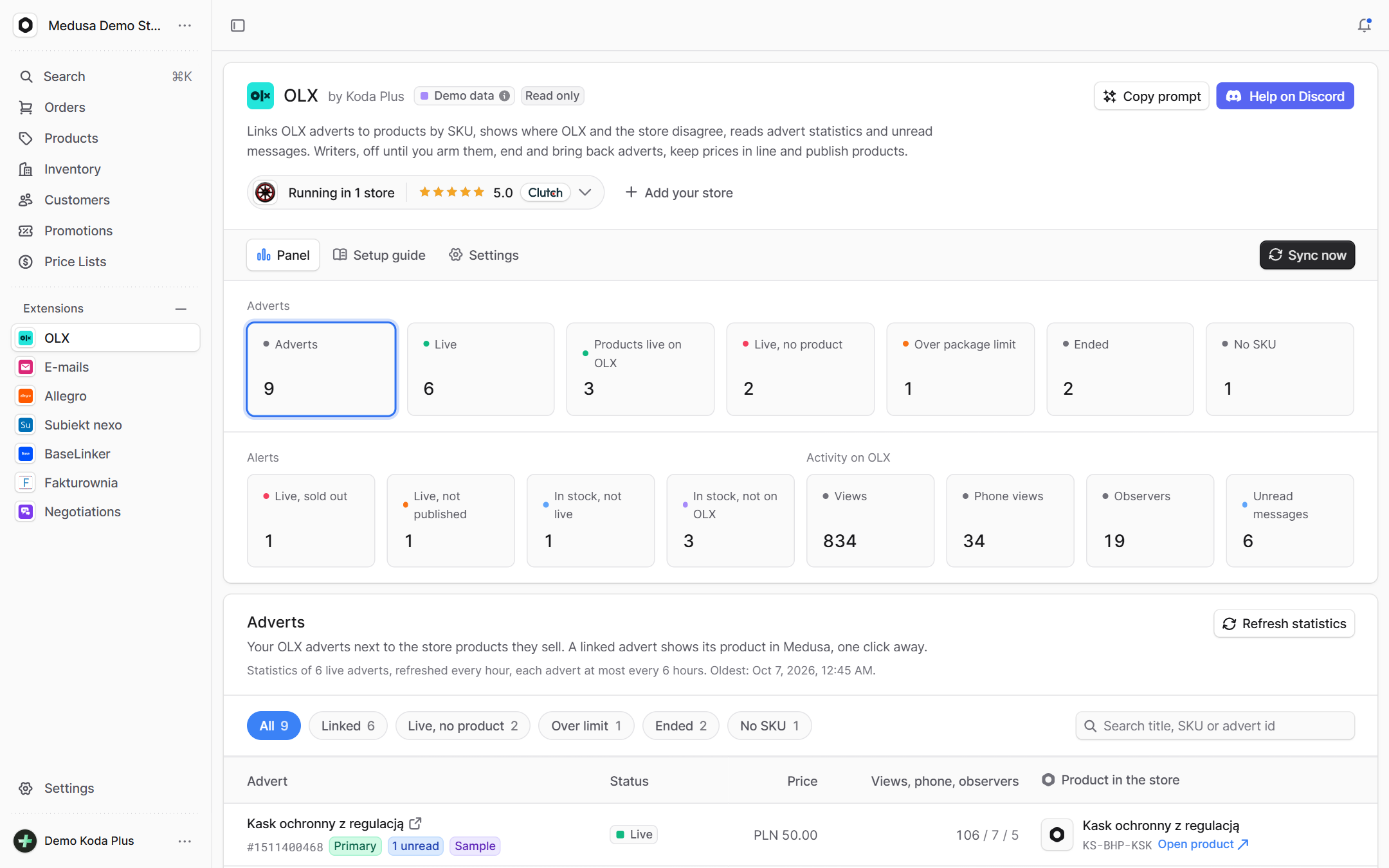 OLX page in the Medusa admin