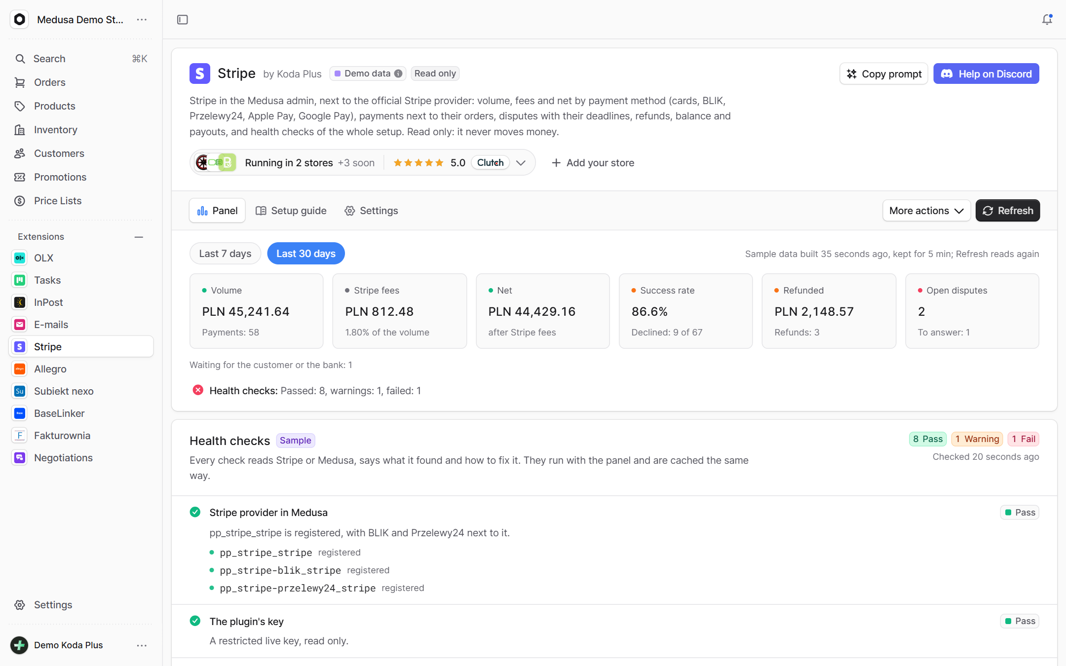 Stripe page in the Medusa admin