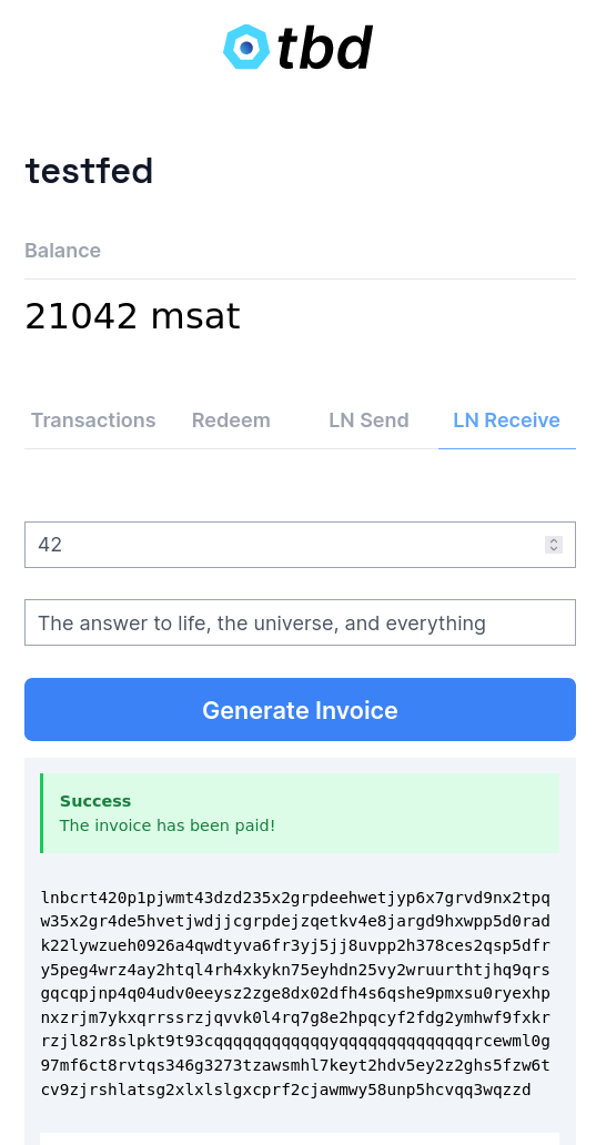 Lightning generated invoice was paid screen