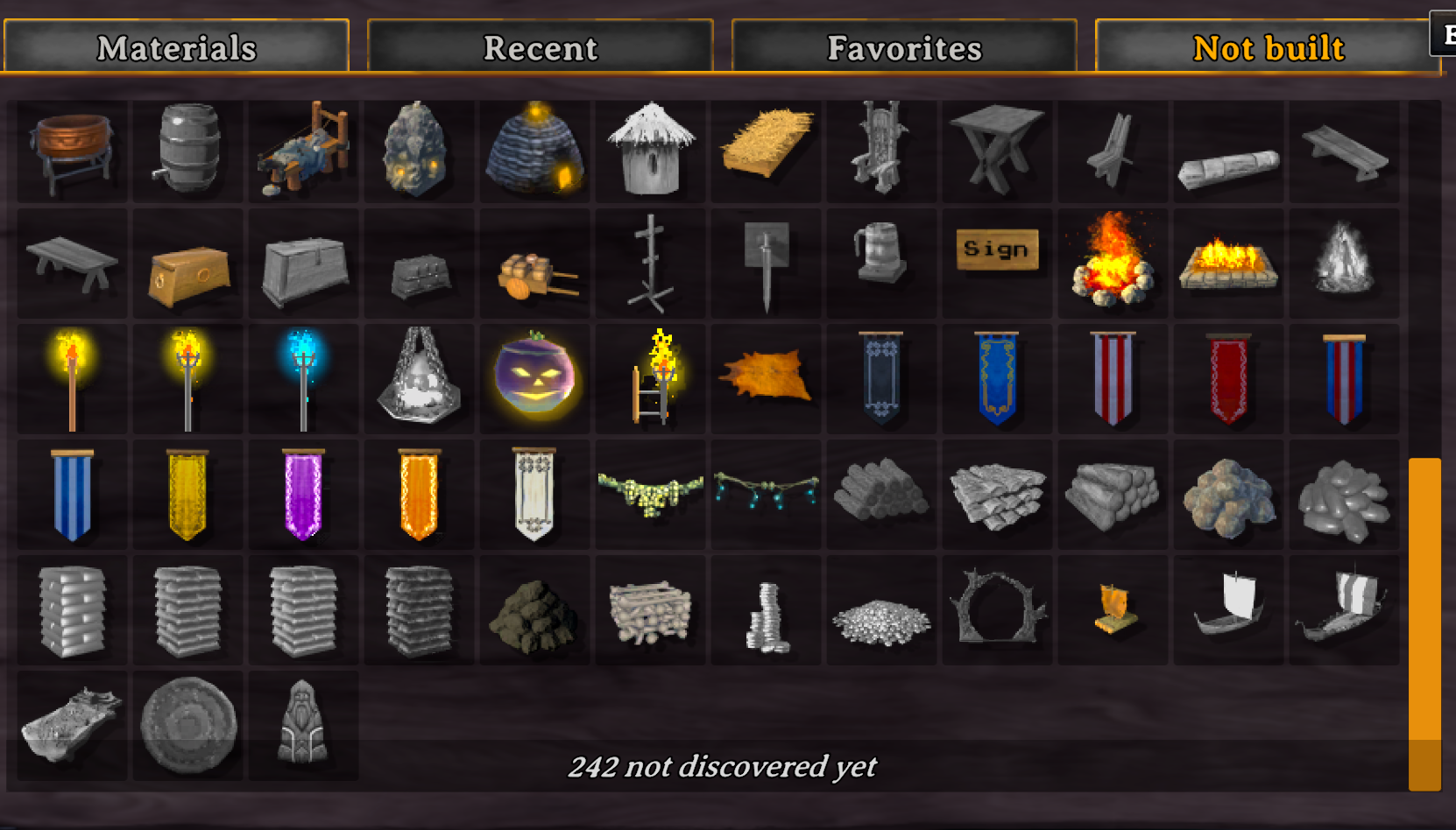 Not built tab in the build menu listing pieces this character has never placed
