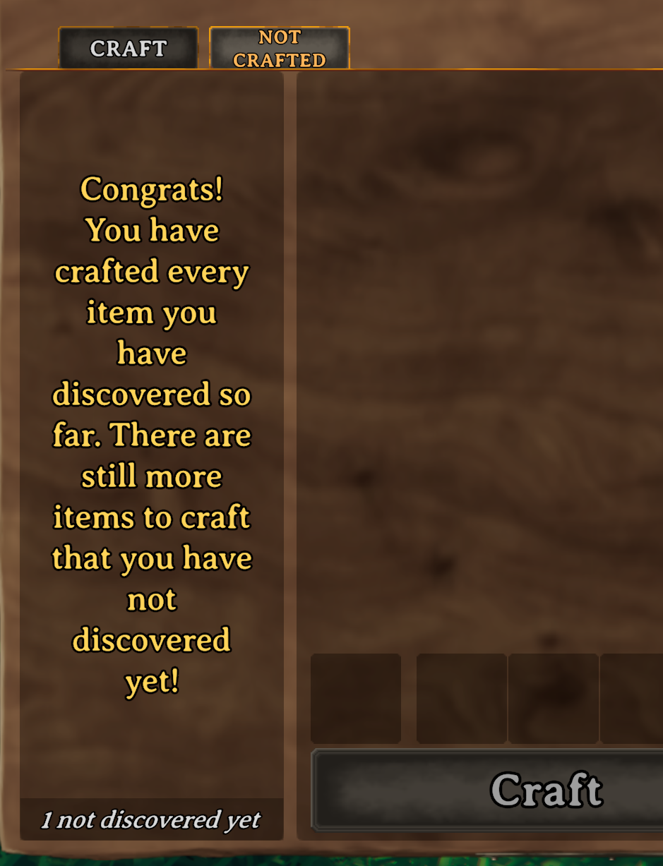 Not crafted tab with the congrats message for crafting everything discovered so far, and 1 not discovered yet