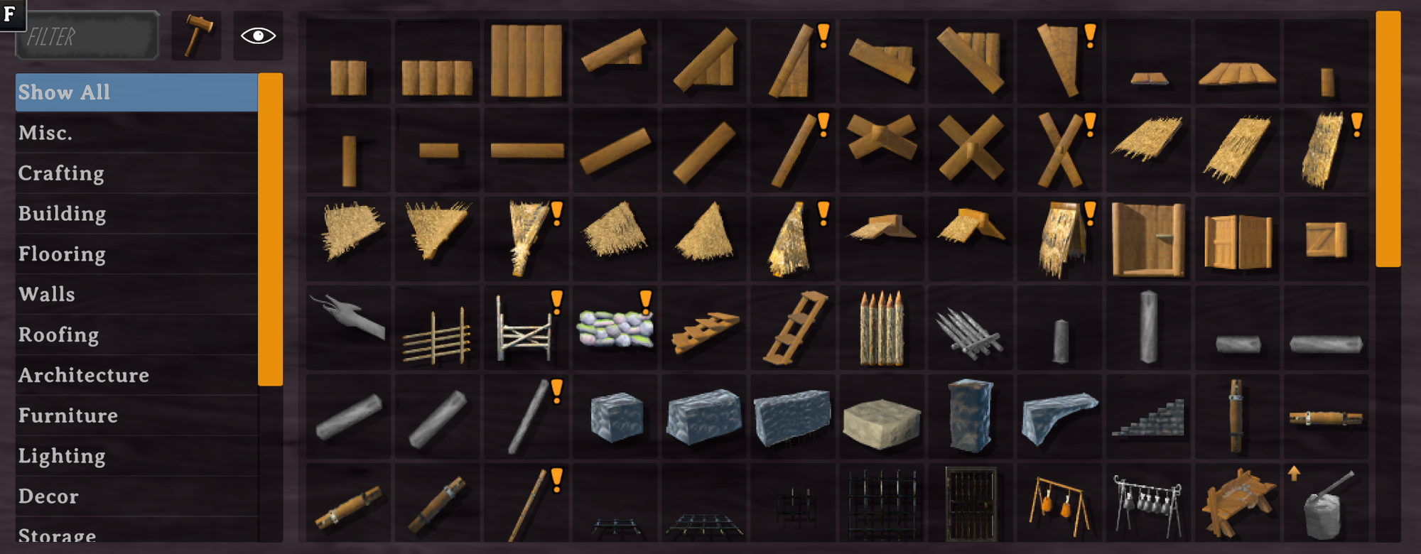 Build menu with orange ! markers on newly unlocked pieces