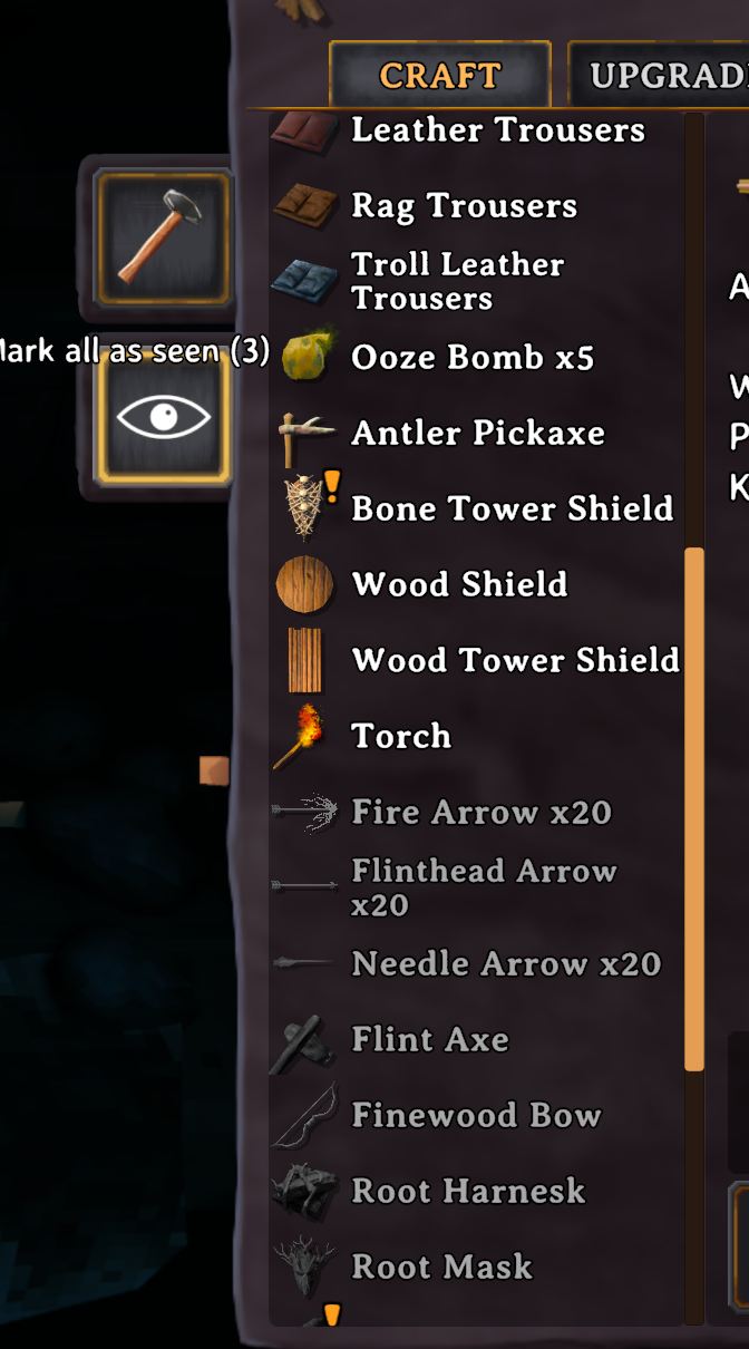 Crafting panel with a ! on a new recipe and the Mark all as seen button
