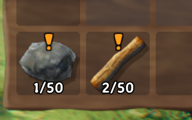 Stone and wood in the inventory, each with an orange ! marker