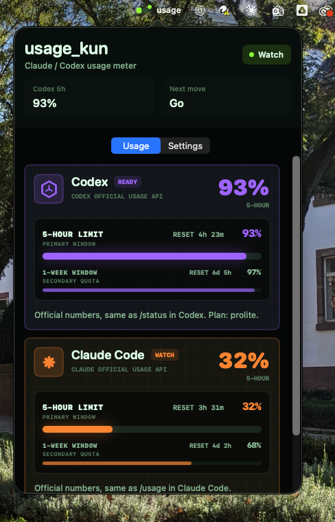 Menu bar popover opened from the top-right macOS icon, showing Codex and Claude Code usage cards with 5-hour and 1-week limits.