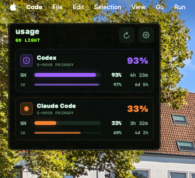 Pinned home meter showing Codex and Claude Code usage at the top-left of the macOS desktop.