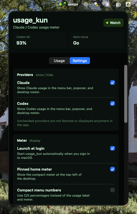 Settings screen with provider checkboxes for showing only Codex, only Claude, or both.