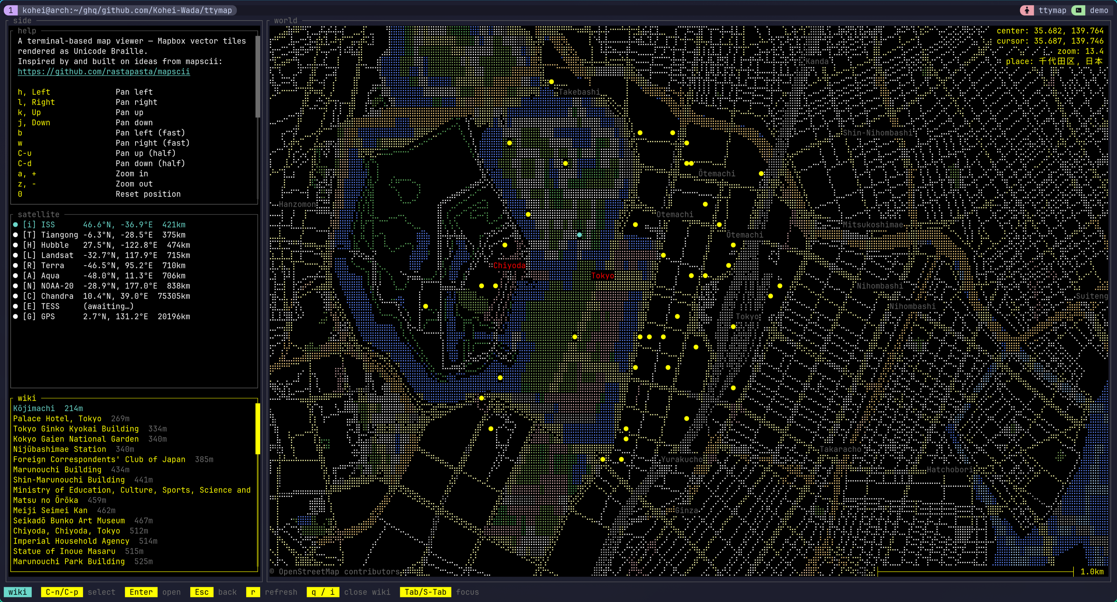 ttymap zoomed-in Tokyo with wiki panel