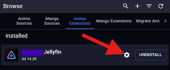 Screenshot of Manatan's anime extensions list with an arrow to the cog symbol of the Jellyfin extension