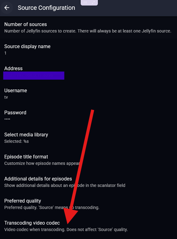 Screenshot of the settings extension to an arrow to the transcoding video codec setting