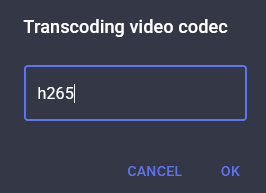 Transcoding video codec setting with the text "h265"