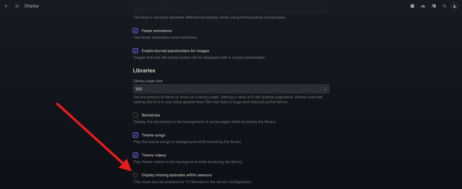 Screenshot of jellyfin web client display settings with an arrow to the "display missing episodes within seasons" checkbox