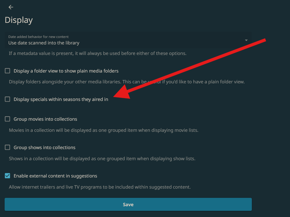 Screenshot of the settings extension to an arrow to the transcoding video codec setting
