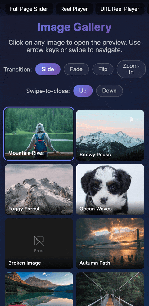An image lightbox on a phone: tapping a gallery thumbnail opens it full screen, two sideways swipes page to the third photo, and a swipe up closes it back to the gallery.