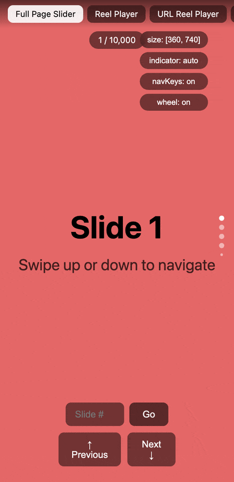 A bare vertical slider of 10,000 items on a phone: two swipes up move the counter from 1 to 3, a swipe sideways pages the slider nested in item 3, typing 5000 and tapping Go jumps straight to item 5,000, and a jump back returns to item 1.