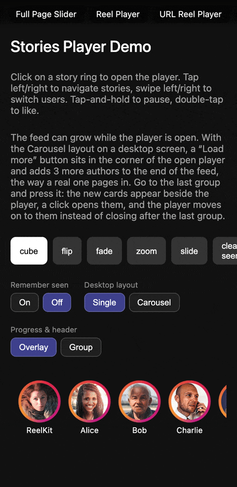 An Instagram-style stories player on a phone: tapping a user's ring opens their stories, a tap moves to the next story, a swipe turns a cube to the next user, a double-tap likes the story with a heart, and closing returns to the rings.