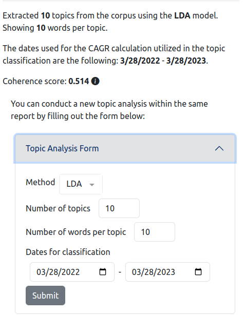 topic analysis parameters form